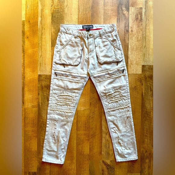 Tan Cargo Pants with‎ Distressed Texture and Moto-Inspired Knees - Picture 1 of 6